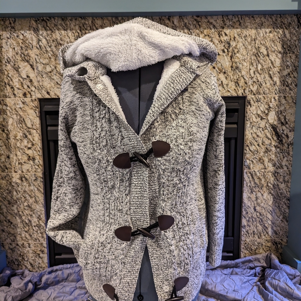 Gray Toggle Knit Jacket with Hood